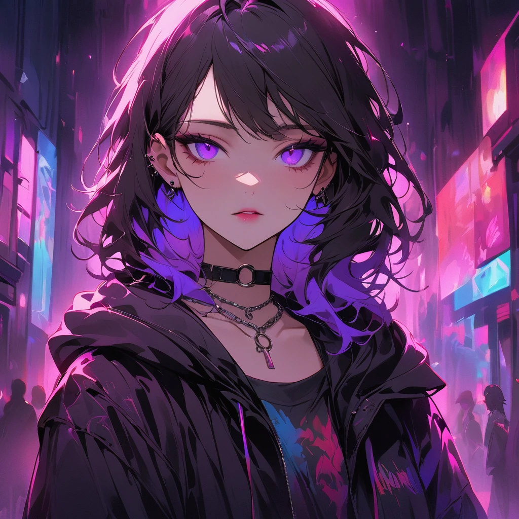 A striking portrait of a young person with a sharp jawline and piercing gaze, wearing oversized round sunglasses with a purple tint. They are dressed in a black hooded jacket, with a subtle sheen, layered over a dark top. A choker necklace and a chunky chain add an edgy touch to their style. The background features neon lights in vibrant pink and blue hues, creating a moody urban atmosphere, reminiscent of a bustling city at night, with soft bokeh effects. The image captures a modern, stylish vibe, emphasizing the subject's confident demeanor.