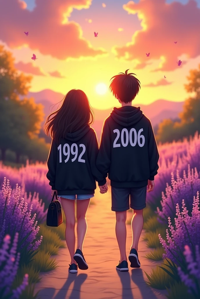A digital illustration of a young couple walking hand-in-hand down a scenic path lined with lavender flowers. The sunset casts a warm glow, illuminating their faces and the surrounding landscape. Both wear oversized black hoodies with the names 1992 and 2006 printed on the back. The girl carries a small black handbag as they stroll amidst a serene atmosphere, with soft light and gentle butterflies fluttering nearby.