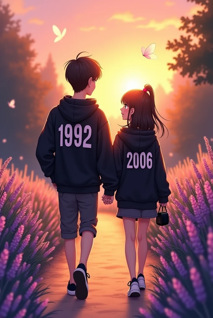 A digital illustration of a young couple walking hand-in-hand down a scenic path lined with lavender flowers. The sunset casts a warm glow, illuminating their faces and the surrounding landscape. Both wear oversized black hoodies with the names 1992 and 2006 printed on the back. The girl carries a small black handbag as they stroll amidst a serene atmosphere, with soft light and gentle butterflies fluttering nearby.