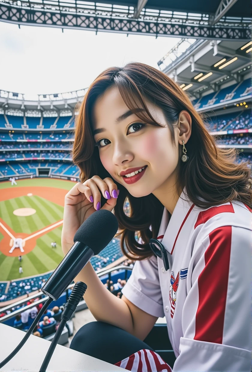 A packed crowd and the field during a professional baseball game、Set up a mini microphone stand、