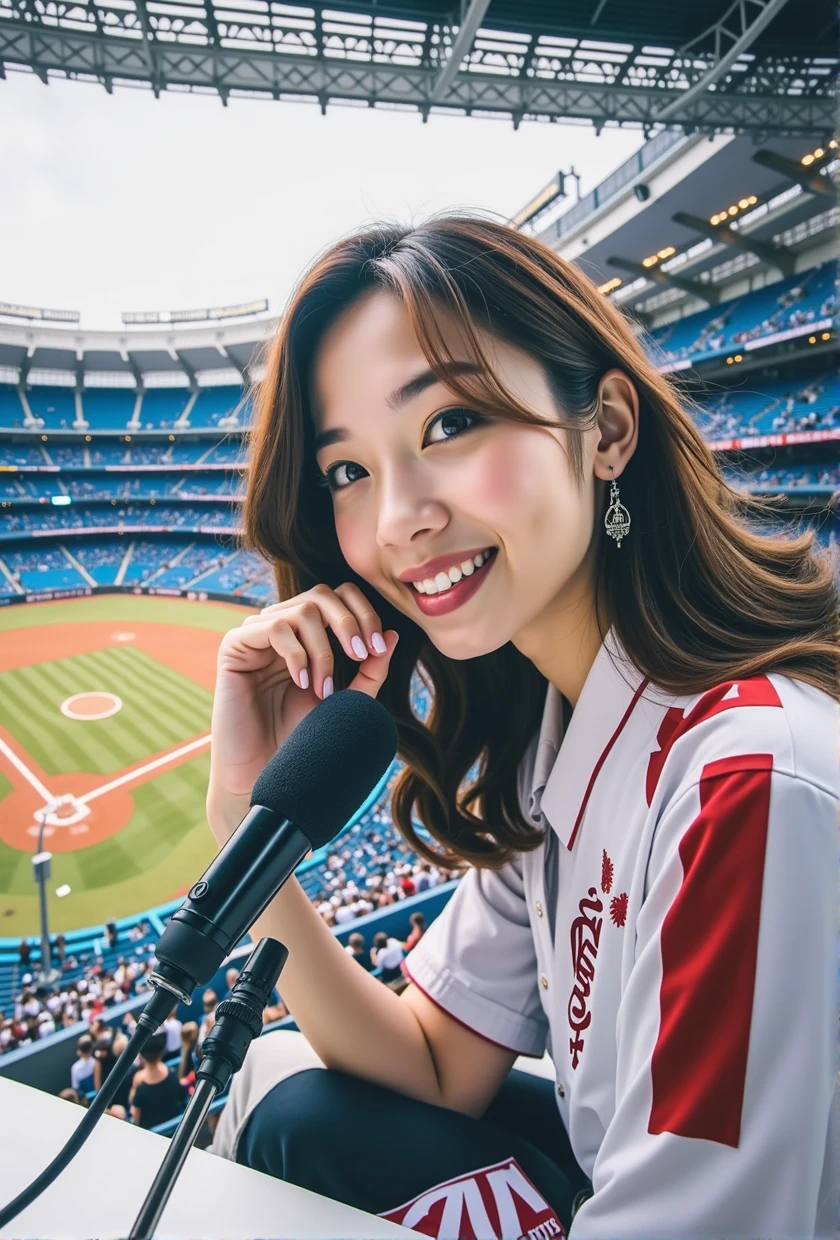 A packed crowd and the field during a professional baseball game、Set up a mini microphone stand、