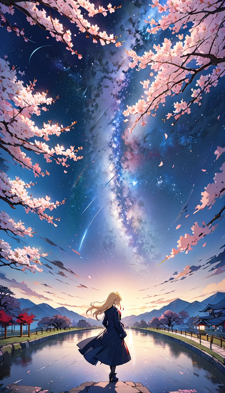 １people々々々,Blonde long hair，Long coat，silhouette， Rear View，Space Sky, milky way, Anime Style, cherry blossoms，夜cherry blossoms，Cherry blossoms fluttering all around，Flower Tunnel，,