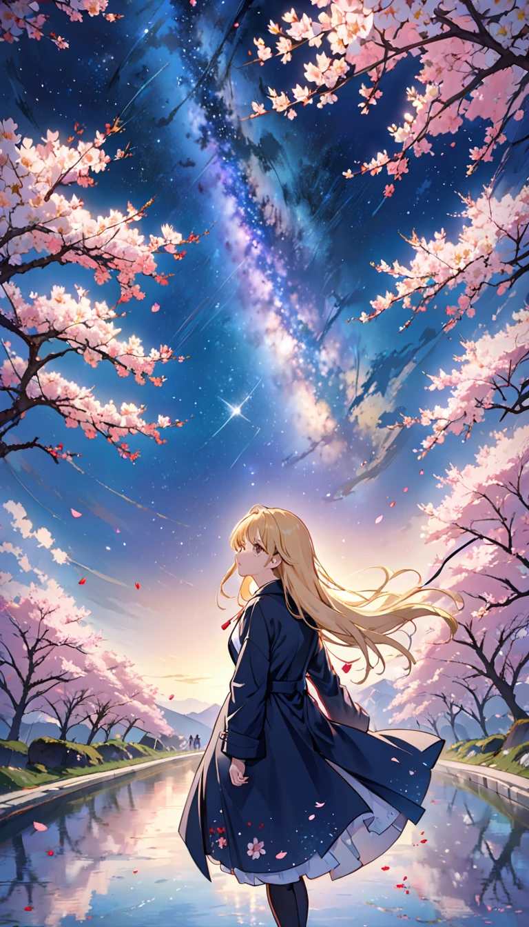 １people々々々,Blonde long hair，Long coat，silhouette， Rear View，Space Sky, milky way, Anime Style, cherry blossoms，夜cherry blossoms，Cherry blossoms fluttering all around，Flower Tunnel，,