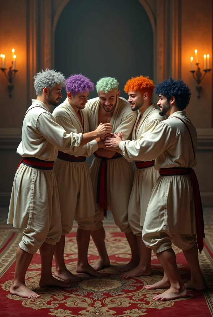 (photorealism:1.2), five handsome men, playing at fighting each other, lying on a rug, inside a castle, They wear light medieval clothing, light of many candles, One of them has to be silver hair and pale skin., another has purple hair and olive skin, another has orange hair and pale skin, another has light mint green hair and pale skin and the last has warm skin and navy blue hair