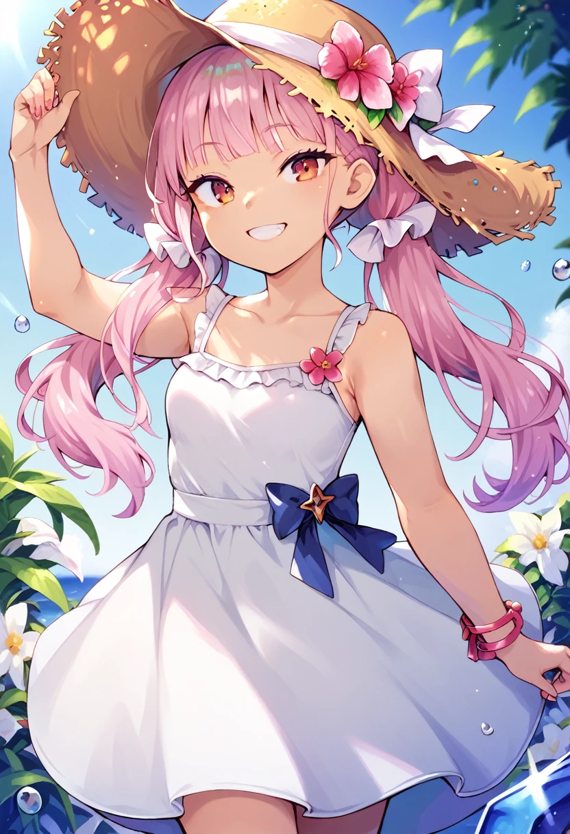 score_9, score_8_up, score_7_up, rating_safe, rating:general, 1girl, solo, pink hair, twintails, blunt bangs, smile, simple background, white dress, one-peice dress, straw hat cowboy shot