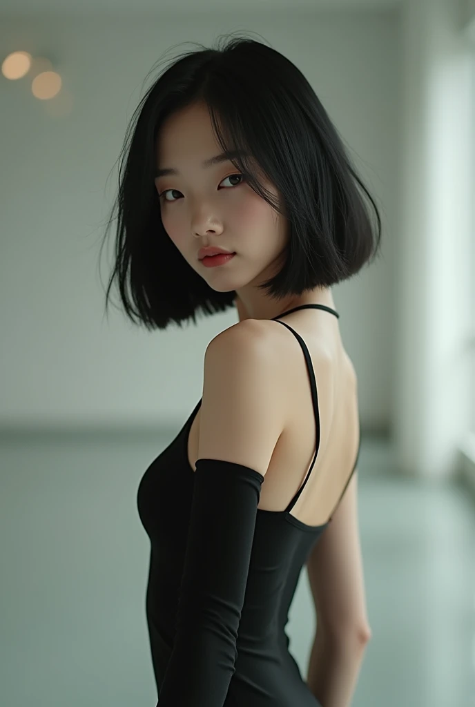 170cm white girl with short straight black hair, slim, with thin lips, and slightly thick eyebrows. In a dancing video