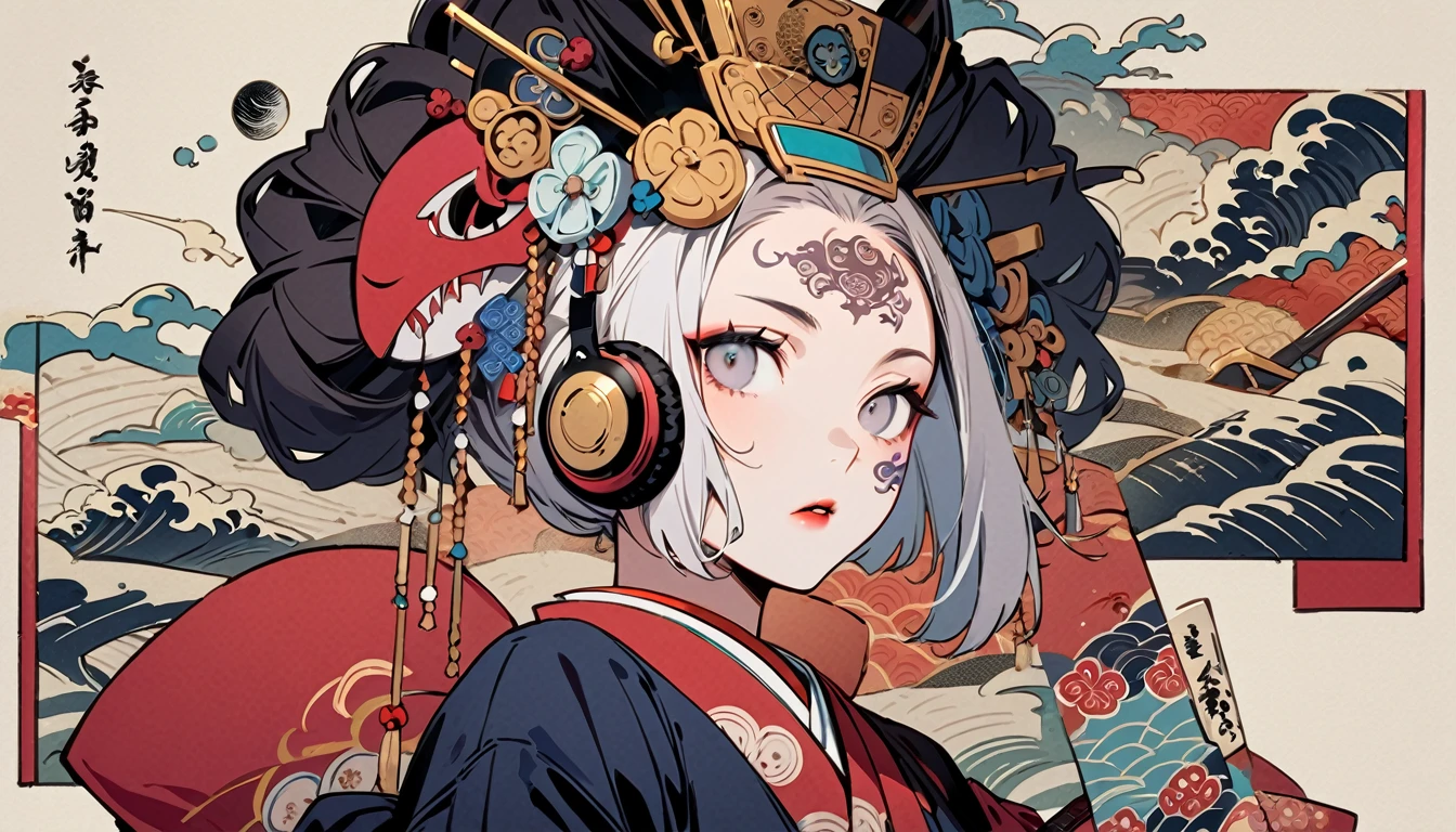 Ink painting, (((1 girl))), (((Tattoo in the middle of the forehead))),(((In the background is the Akatsuki moon))), (((Oiran))), (((Great hair accessories))), Japanese style headphones, Demon possession, (((Grey eyes with engraving inside))),Face up close, Japanese beauty, White hair, Sensitive and precise, Modern Ukiyo-e style, Highest quality, katsushika hokusai, (((Elements of horror))), beautiful girl, Sensitive and precise, Modern Ukiyo-e style, Cyberpunk city,