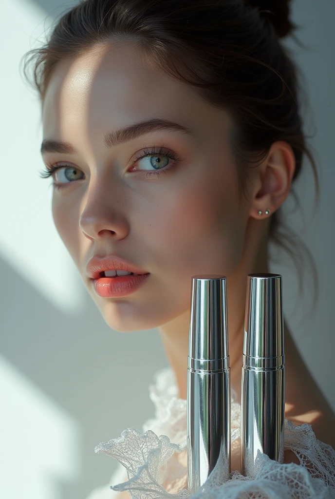 Create an advertisement for a makeup line called “Volupia” with silver product packaging