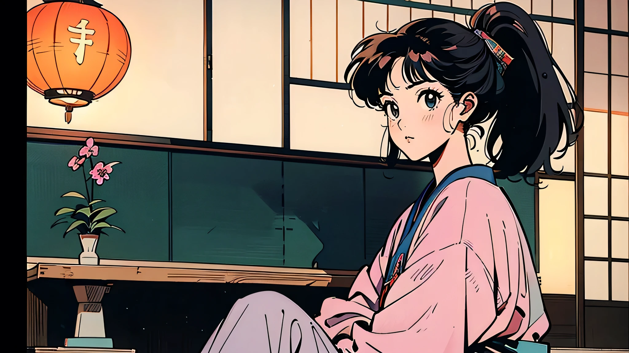 A girl sitting at a traditional tatami room, ponytail hair, with paper lanterns and sliding doors, enjoying her music, lyco art, a manga drawing, by Satoshi Kon, lofi hip hop, wlop : :, ukiyo, ukiyo-style, yukito kishiro, one girl, solo girl