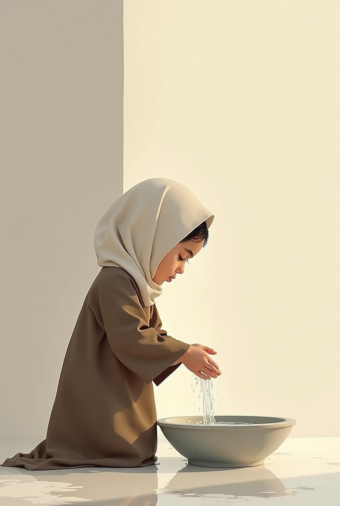 A kid doing wudu with water. wearing islamic outfit. Picture should be kid doing wudu and his or her face doesn’t appear or reveal 