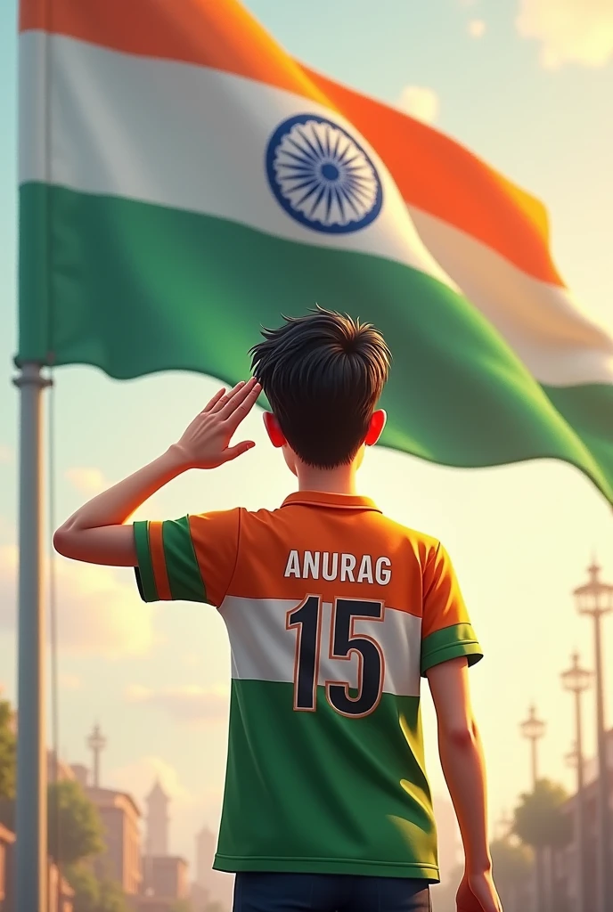 A 21 years old boy salutes the national flag of Bharat and he is wearing a shirt print is like Bharat flag and ” Anurag
 ” and 15 number and republic day in small written on it’s back in big and bold fonts, 3d illustration.
