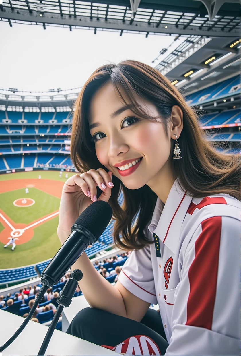 A packed crowd and the field during a professional baseball game、Mini microphone stand on your desk、