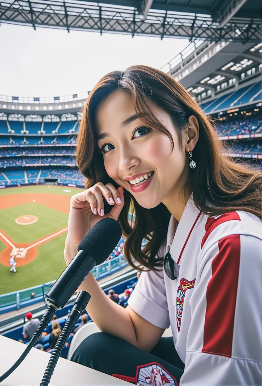 A packed crowd and the field during a professional baseball game、Mini microphone stand on your desk、