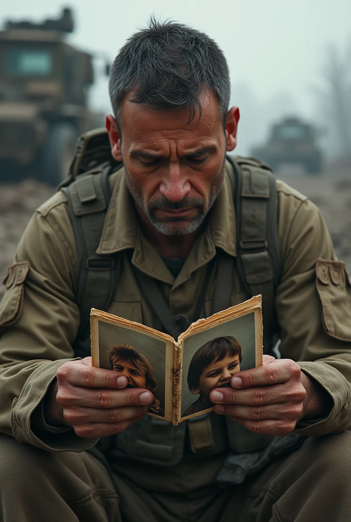 Soldier at war looking at photos of his children
