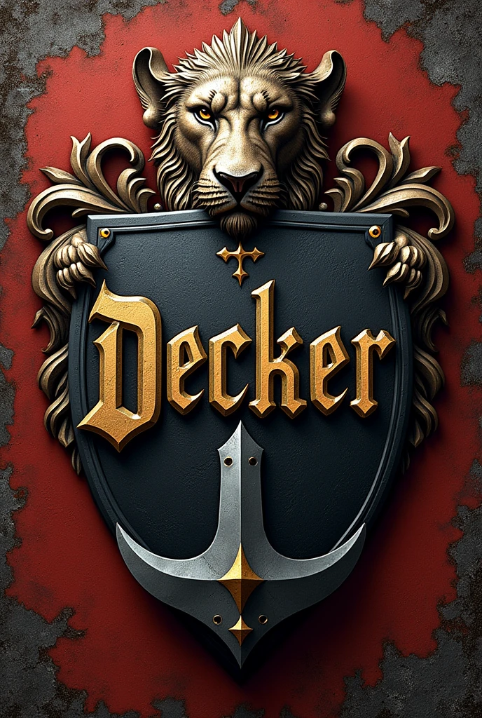 Family crest put the name "Decker" medieval german font, battle axe and lion