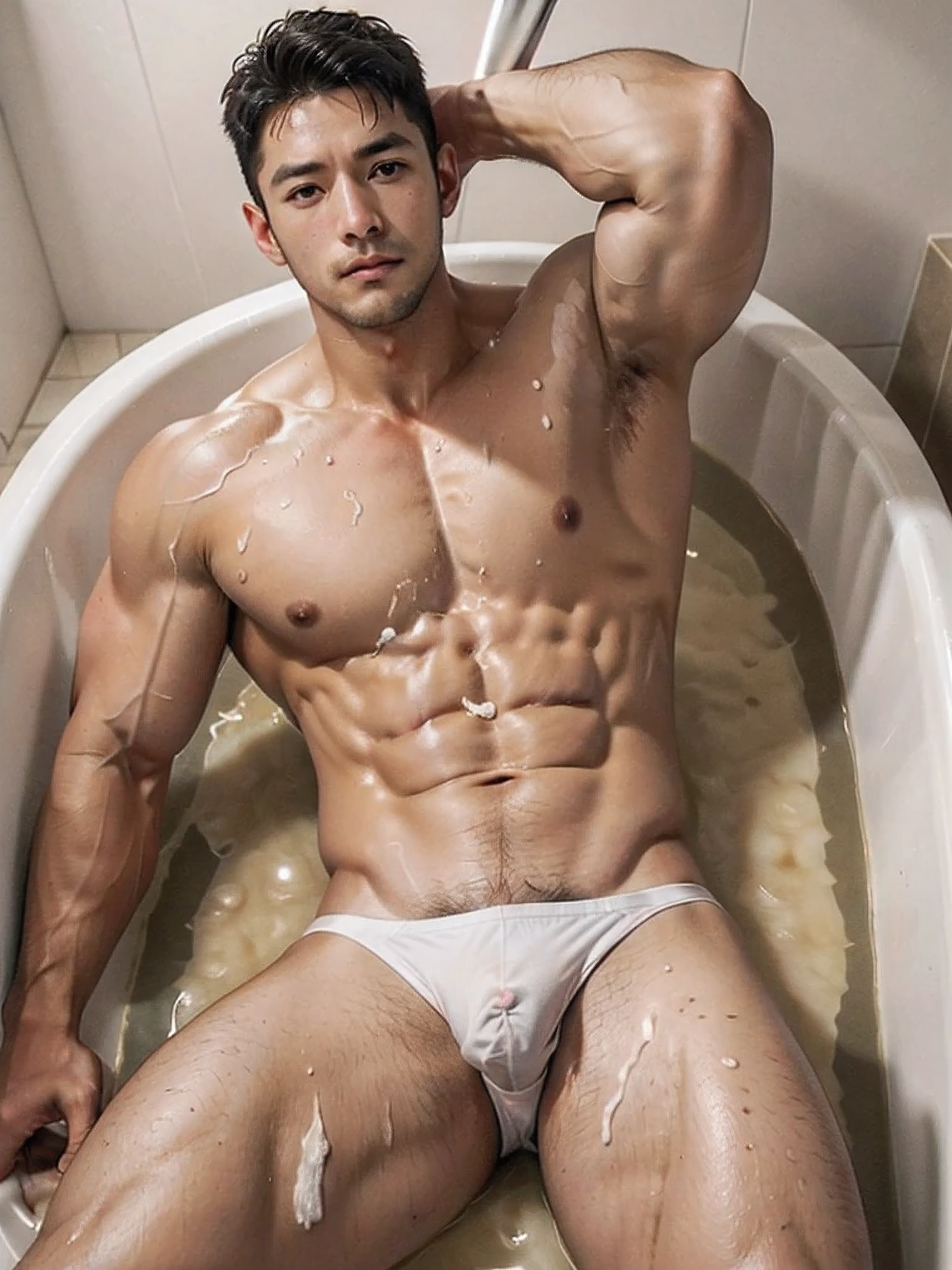 (((short hair))),Short hair,Two bits(((40 years old Japanese baseball stubble handsome muscular bodybuilder male lying in the bathtub))), blush,(((Painful expression))),Sweaty,very handsome, Perfect facial features, No clothes, Armpit Hair, Pure black background, Fit body, Perfect composition, beard,Bodybuilding Champion,No chest hair,Smooth pectoralis major,(((asshole,,,Occluded,Sprinkling,White,Whitecum,Transparent Thong))),, Provocative, (((Wheat skin color))),muscular,, Ultra-high quality, XT3, Crystal clear, 8千 ultra high definition, High Detail, Ultra-realistic photos, (Realistic skin), ((pores)), ((High Detail skin)), Volumetric Light, groin, Far, Complex 3D Visualization, High Detail,Real human skin ((Correct body structure)), (((Correct anatomy))),(((Forced noise reduction)))