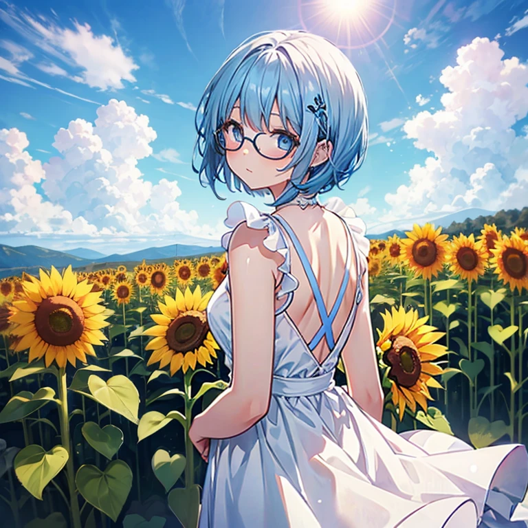 Girl with glasses　Sunflower field　White Dress　Rear view　Turning around, blue hair　Short Hair　