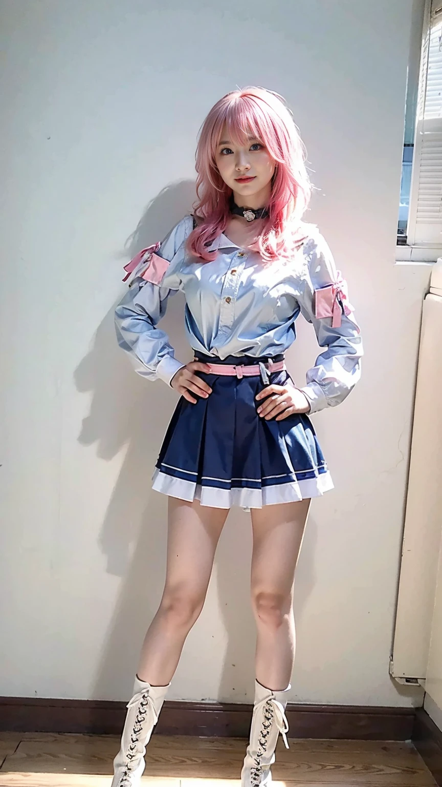 (8k、RAW Photos、Highest quality、masterpiece:1.2)、(Realistic、Realistic)、1 girl、((white、pink、light blue、mini skirt、pinkの髪、Breast enlargement、boots、ribbon、Thin legs、whole body、View from the front、Looking into the camera、Stand with hands on hips))、cute