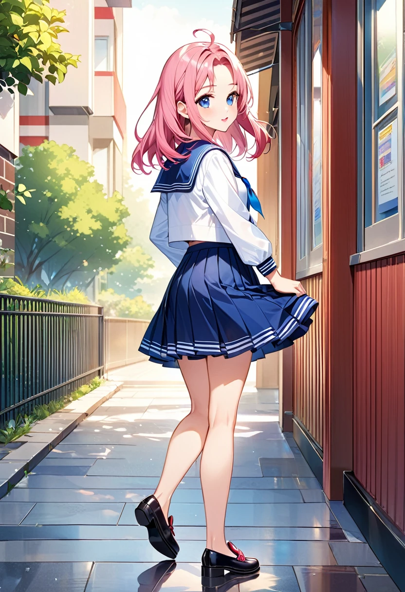 Highest quality、High resolution、Detailed Background、Beautiful face in every detail、Anatomically correct、Detailed facial expressions、fine grain、((full body, from side:1.2, side shot, looking away:1.2)), break ((One Girl:1.2)、((Chibi Girl:1.2)))、Bright pretty hair color、Big beautiful blue eyes、Fuller lips、Pink Lips、forehead、Ahoge、(A junior high school student rushing to school because he is going to be late)、(Cute Sailor Uniform、cute leather shoes)、break (I can't move forward because of the strong wind、My hair was a mess from the strong wind:1.2)、((background is school route:1.2)、typhoon)
