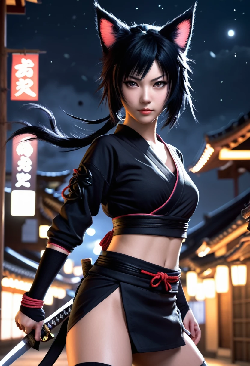 Monster Girl, Cat ear,20th Generation,Realistic Women, Black Hair,cute,Ninja,Kunoichi,night,no weapons