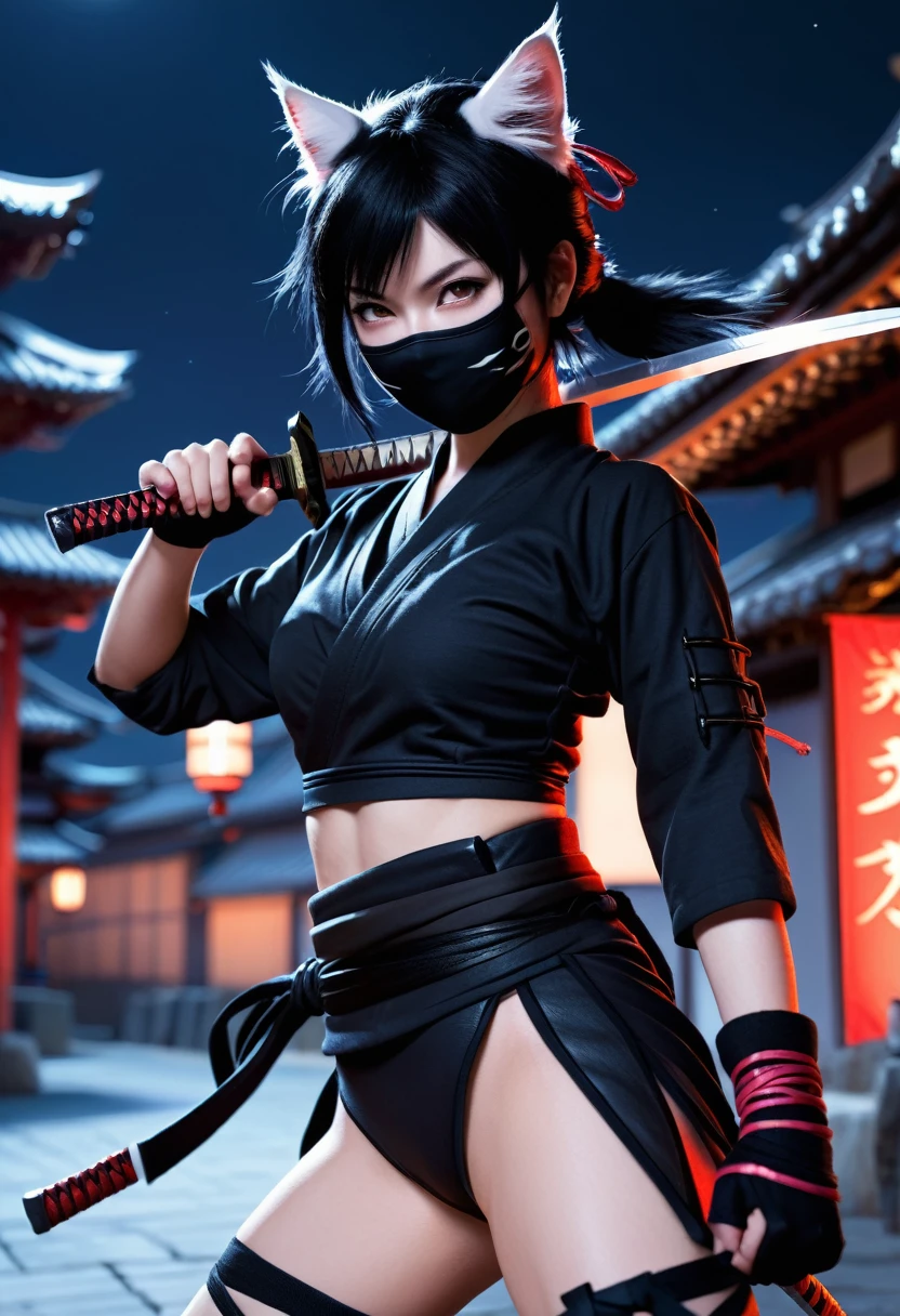 Monster Girl, Cat ear,20th Generation,Realistic Women, Black Hair,cute,Ninja,Kunoichi,night,no weapons