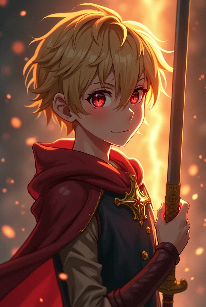 a 18 years boy , golden middle hair , coming towards us , red eyes and a arc symbol in his right eye , a sword in his hand, bright light in back