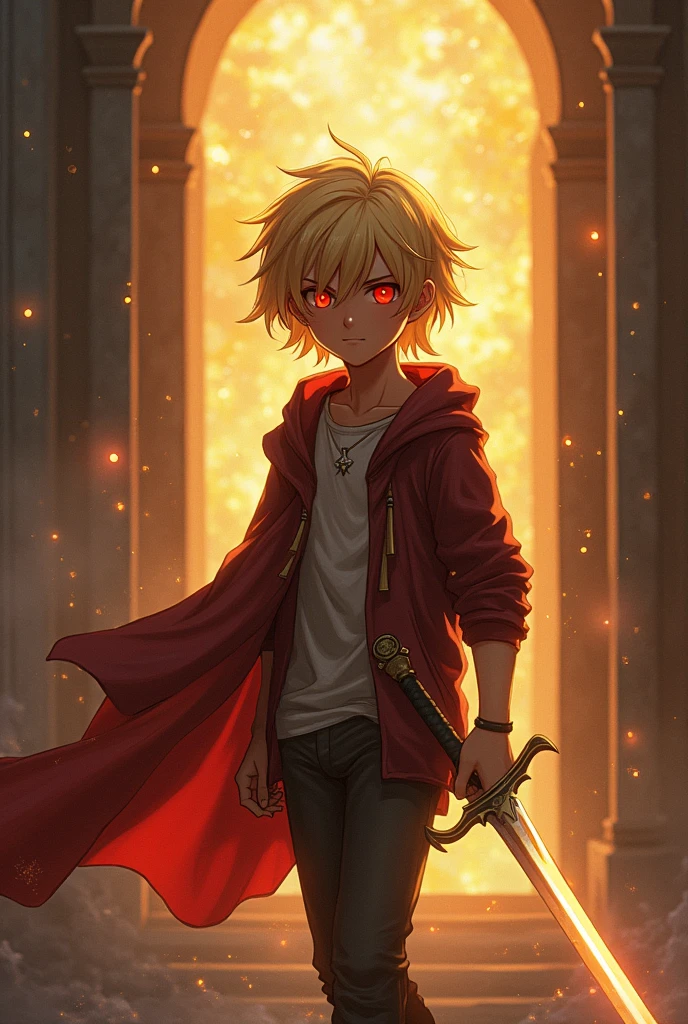 a 18 years boy , golden middle hair , coming towards us , red eyes and a arc symbol in his right eye , a sword in his hand, bright light in back