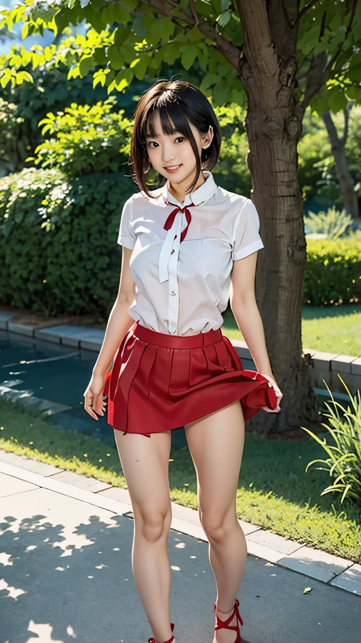 ((Cute Girl Pictures、Aoi Yuki、smile、The face is in focus and the background is blurred))、((Short sleeve white blouse with red buttons、Breasts sticking to blouse、Her breasts are visible))、((Red mini skirt、Miniskirt soars in the wind、Cute white and blue striped pants、Cute white underwear with ribbon))、(Bare feet and leather shoes)、(Fresh green bamboo forest, Grassland and stream、early morning)