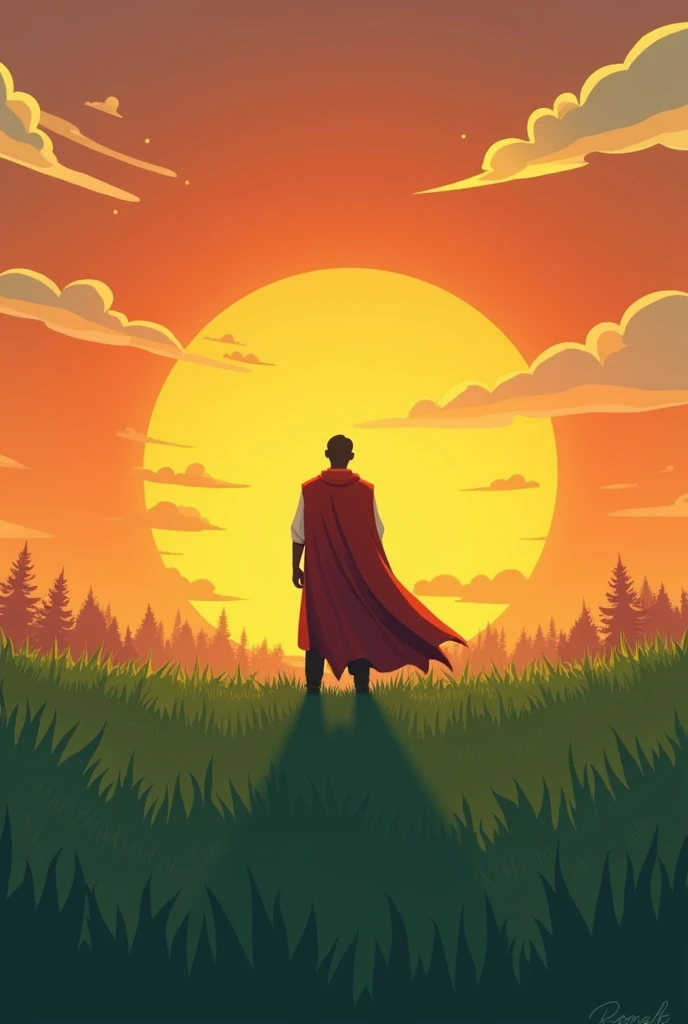 Novel cover, the hero turns his back on the grass, the sun is setting, cartoon image, I want a green grass field, the dawn