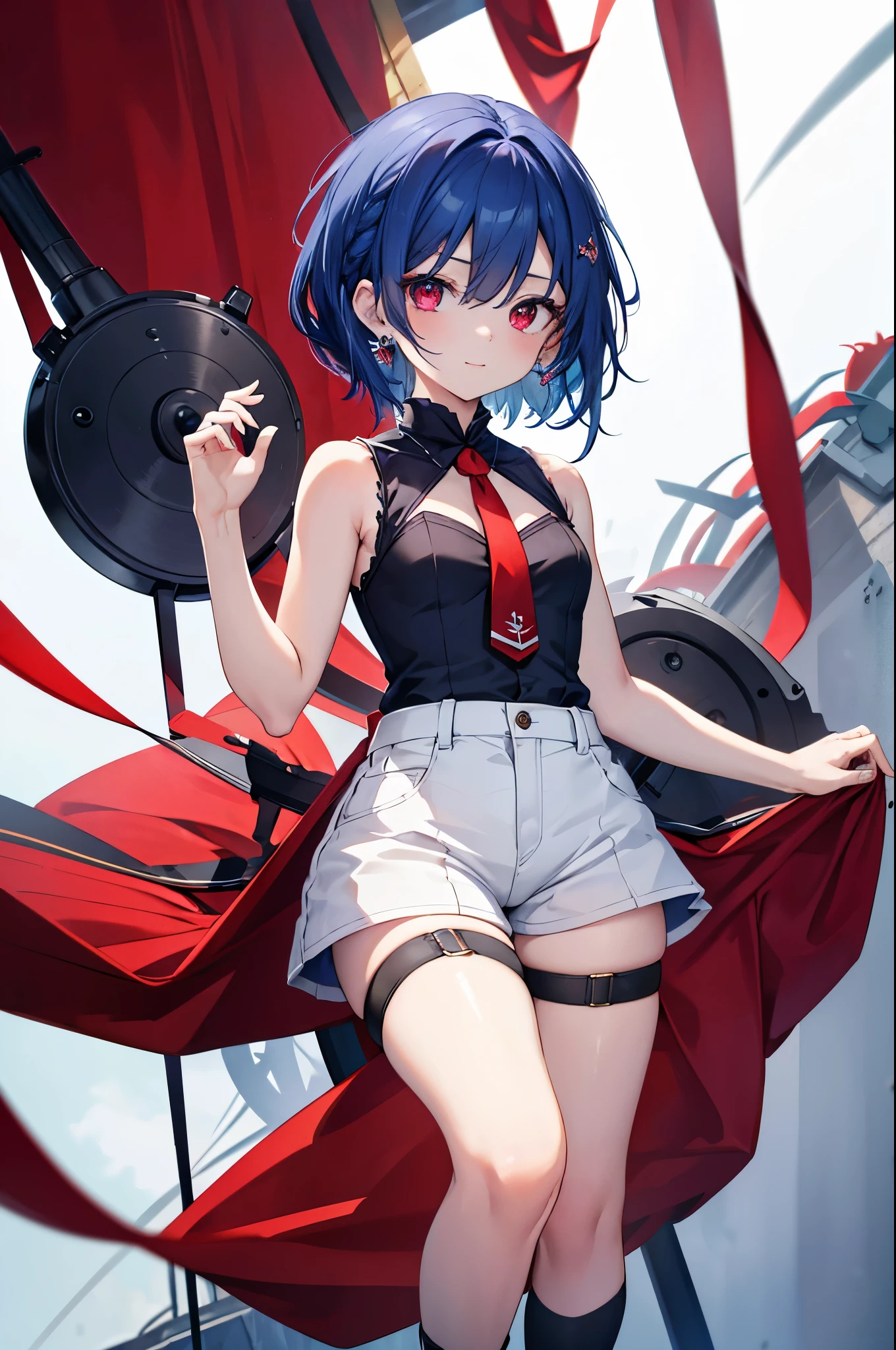{{masterpiece}}, The best quality of life, 、((short indigo hair、Deep blue hair)Braided Hair) 、 Cute female, 、One woman、(((Crimson Eyes、Red eyes、Red　eyes)))、Expressionless adult woman、((White background))、small but well-shaped breasts,、(((Sleeveless with white high neck、Black short hot pants、Knee-high socks)))、smile、Small earrings