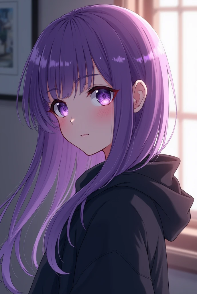 An anime girl with purple hair, wearing a black hoodie. she's in profile, with the face slightly turned to the side, displaying a gentle and mysterious expression. The girl is in a room, with soft lighting that highlights her bright purple eyes. Art must have detailed and clean lines, similar to the anime drawing style *Gotoubun no Hanayome* (The Quintessential Quintuplets), with a soft and expressive touch in the eyes and hair.