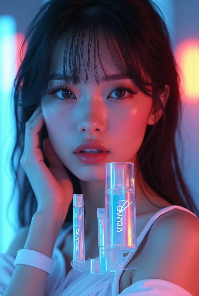 Create an advertisement for a makeup line called “Volúpia” with the product packaging being mixed and futuristic.