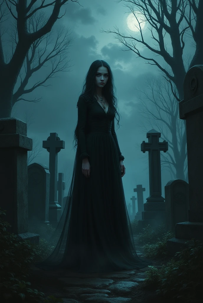 ((90s Art )) a gothic woman in a cemetery at night terror