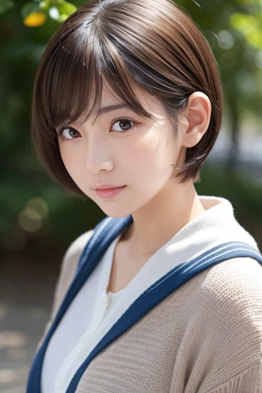 高品質in超リアルなポートレート。彼女は小さく繊細な顔立ちin、I have a slightly rounded face shape。Her expressive almond-shaped eyes have a gentle and warm gaze.、I have strong eyebrows。肌は無垢in透き通るような白さin、It has a natural shine。(Her hair is brown and pixie cut.:1.3)in、シンプルinエレガントに整えられています。メイクはナチュラルin、A light foundation and subtle blush、Uses a soft pink lip color。ライティングはソフトin自然な光を使用し、Accentuating facial features、Does not emphasize shadows。背景はシンプルinぼかしたグラデーションin、Focus on the face。