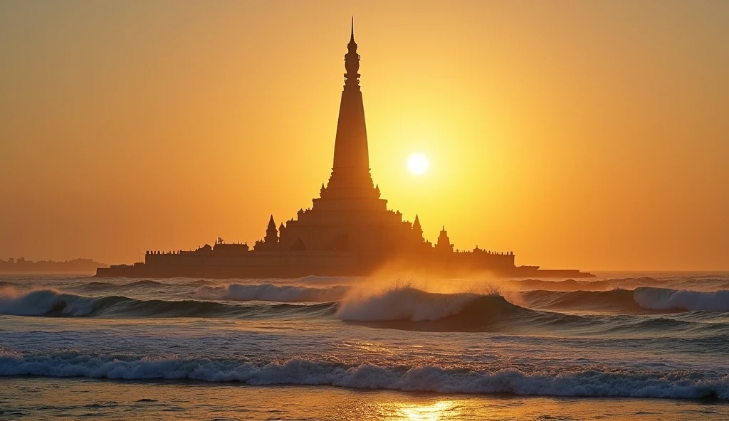 Modern-day Somnath Temple at sunrise, with golden rays illuminating the temple spire and waves crashing on the shore.