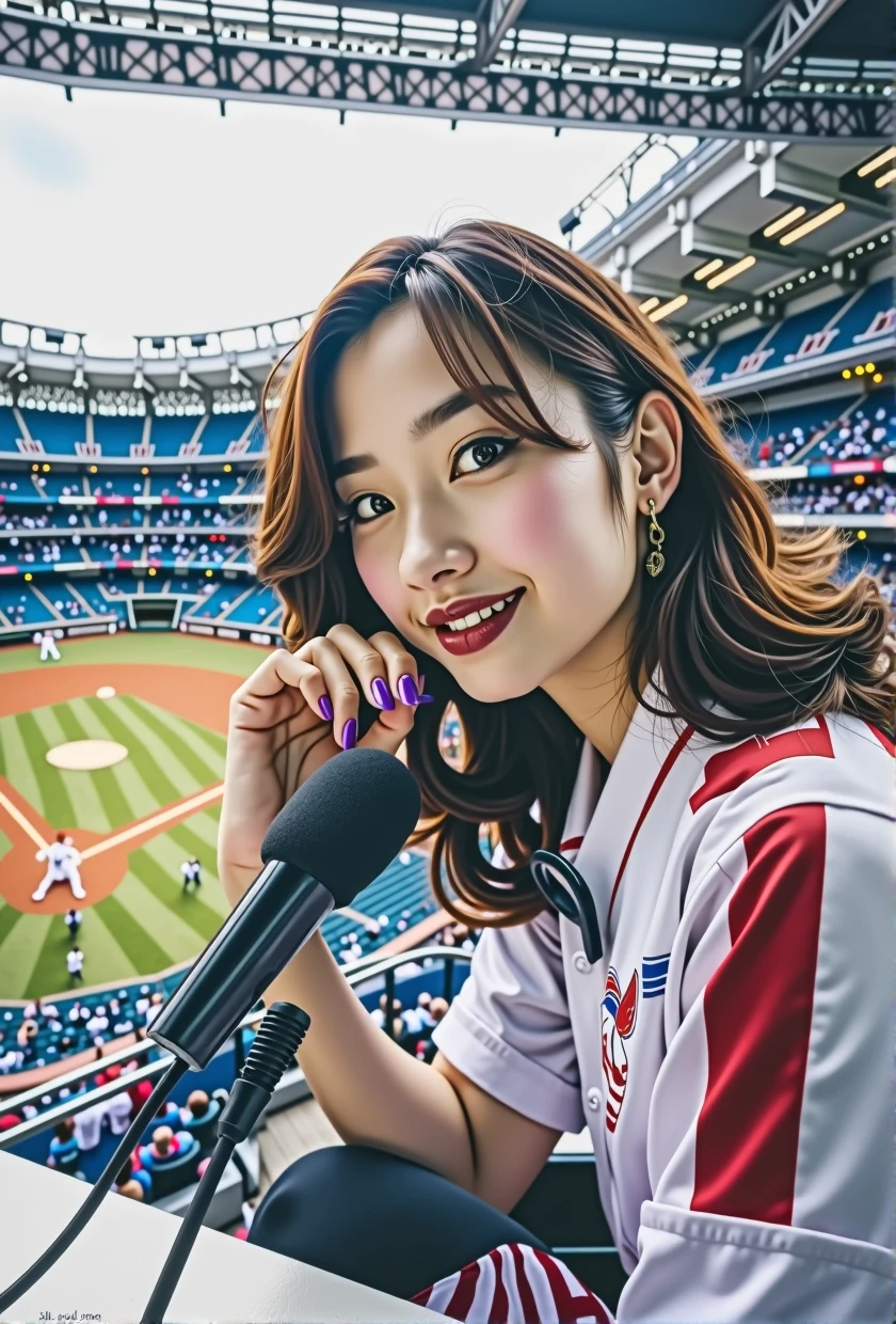 A packed crowd and the field during a professional baseball game、Set up a mini microphone stand、