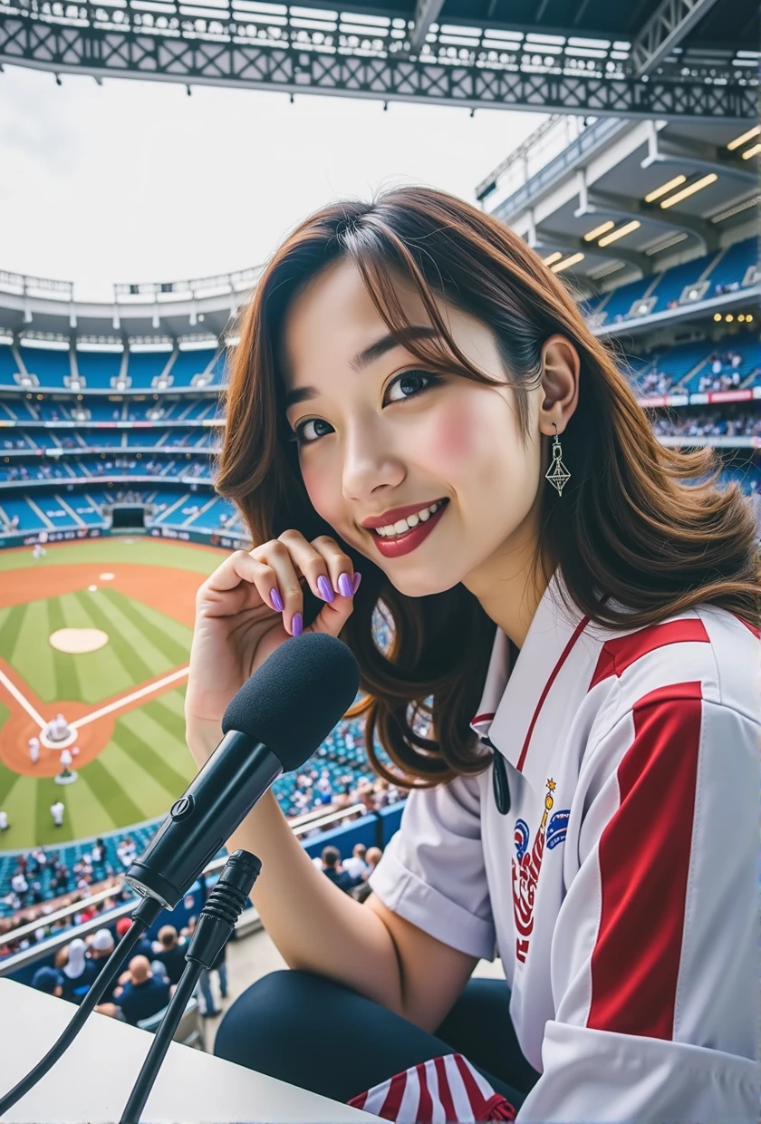 A packed crowd and the field during a professional baseball game、Set up a mini microphone stand、