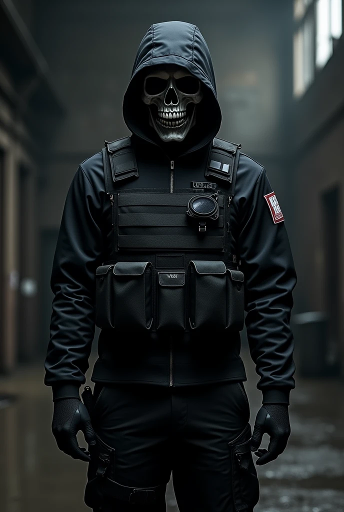 Completely black weapons clothing with a skull
