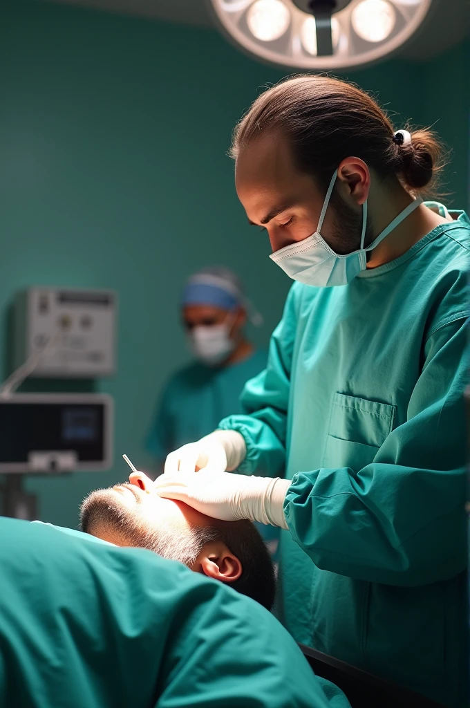 The doctor is operating on a patient, Lord Jesus holds the doctor&#39;s shoulder