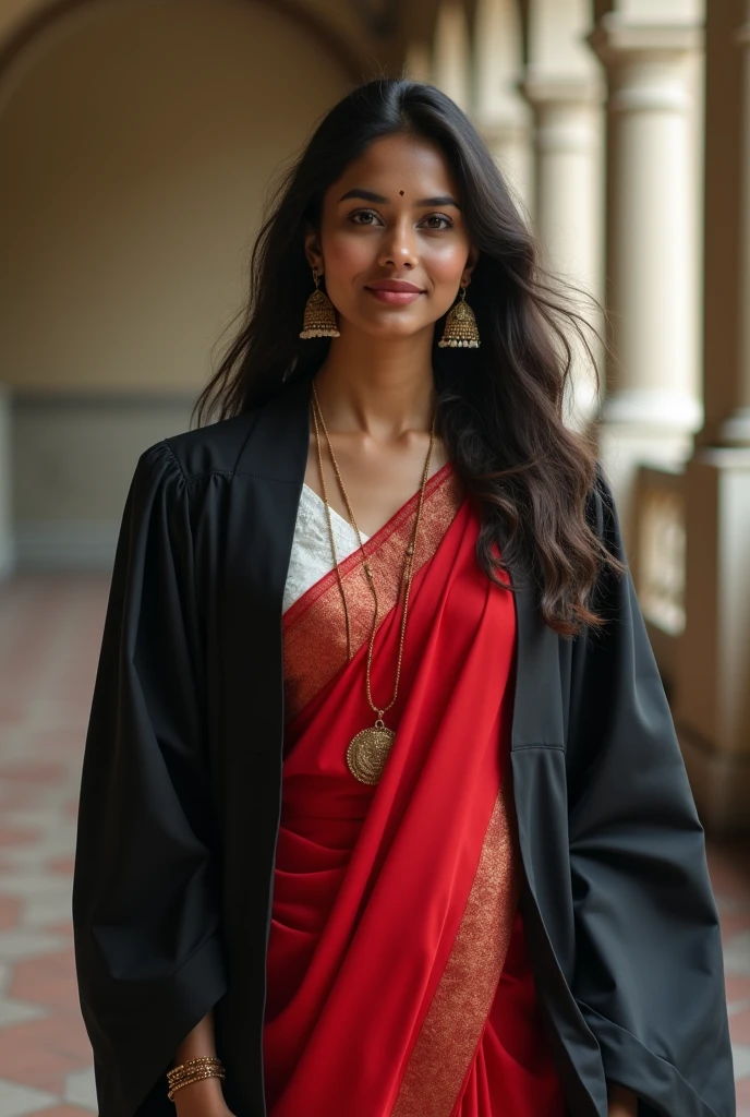 Indian girl with white blouse red saree and  black graduation gown on top of the saree 
