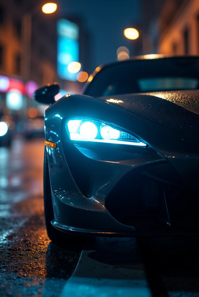 Close-up of a sports car's headlights under city lights, macro lens, sharp details with a slight vignette