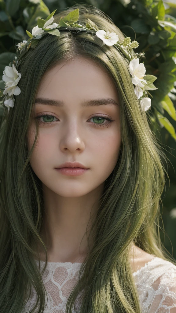face portrait. a girl. european. extremely detailed face. oval face. delicate features. half-closed eyes. sad expression. green eyes. long messy hairstyle. green hair. wreath on head