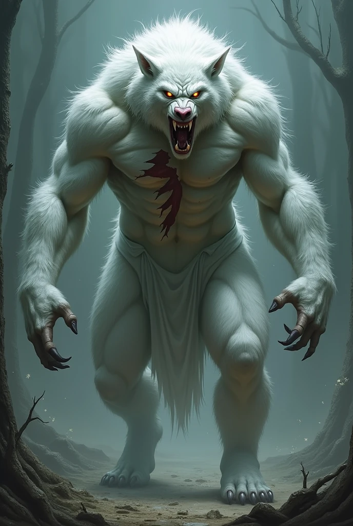 A tall, huge, muscular, albino, ferocious, shirtless werewolf with a large scar on his chest and a suit ripped off.