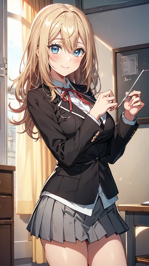 1girl,solo,Olivia, blonde hair, blue eyes, medium hair,large breasts, blush, smile,school blazer,mini skirt,thighs,white panty, masterpiece,Noise Reduction,perfect anatomy,high resolution, ultra-detailed, ultra-detailed face,game cg,dutch angle ,beautiful detailed eyes,visualart,five fingers, perfect hands, perfect lighting,