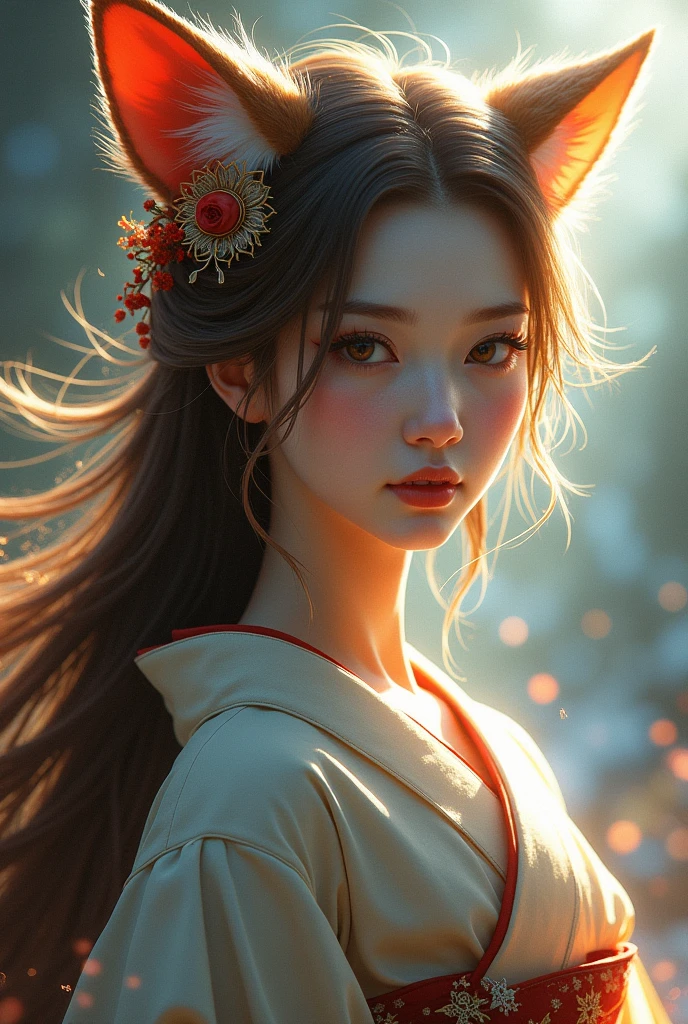Beautiful female fox spirit, detailed facial features, long eyelashes, traditional Japanese elegant kimono, detailed kimono texture, flowing hair, photorealistic cinematic lighting, fantastical landscapes, glowing aura, intricate details, vibrant colors, digital art, concept art style