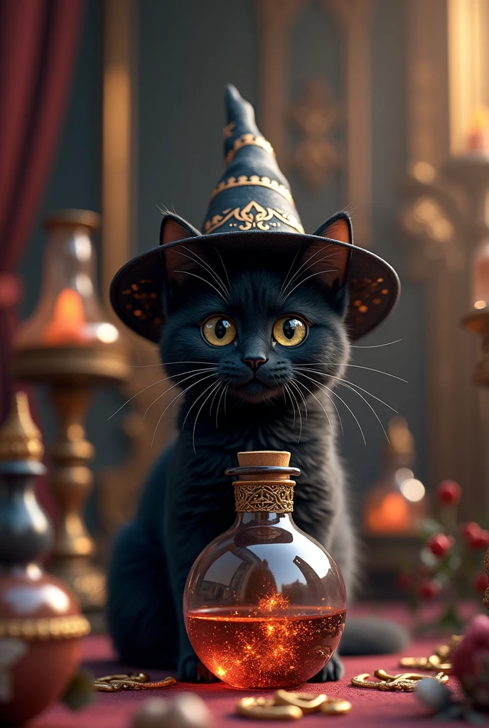 a cute black cat wearing witch'shat, surrounded by magical objects, witch hat, hat, no humans, cat, candle, animal, black cat, gem, animal focus, indoors, witch, black headwear, wiccan artifacts, ultra-realistic, hyper-detailed, 32k uhd,hyper-detailed,ultra-realistic, 8k,(Background is Luxury Witch Room and Magic Room) Necklace hexagram, Candles, magic bottle large and Magic small bottle,devil dark red eyes, A lot of items of magic and witchcraft, Fairies fling magic.