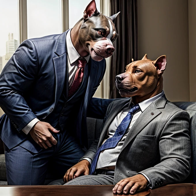 Pit Bull wearing a suit and tie playing with his son on the living room couch