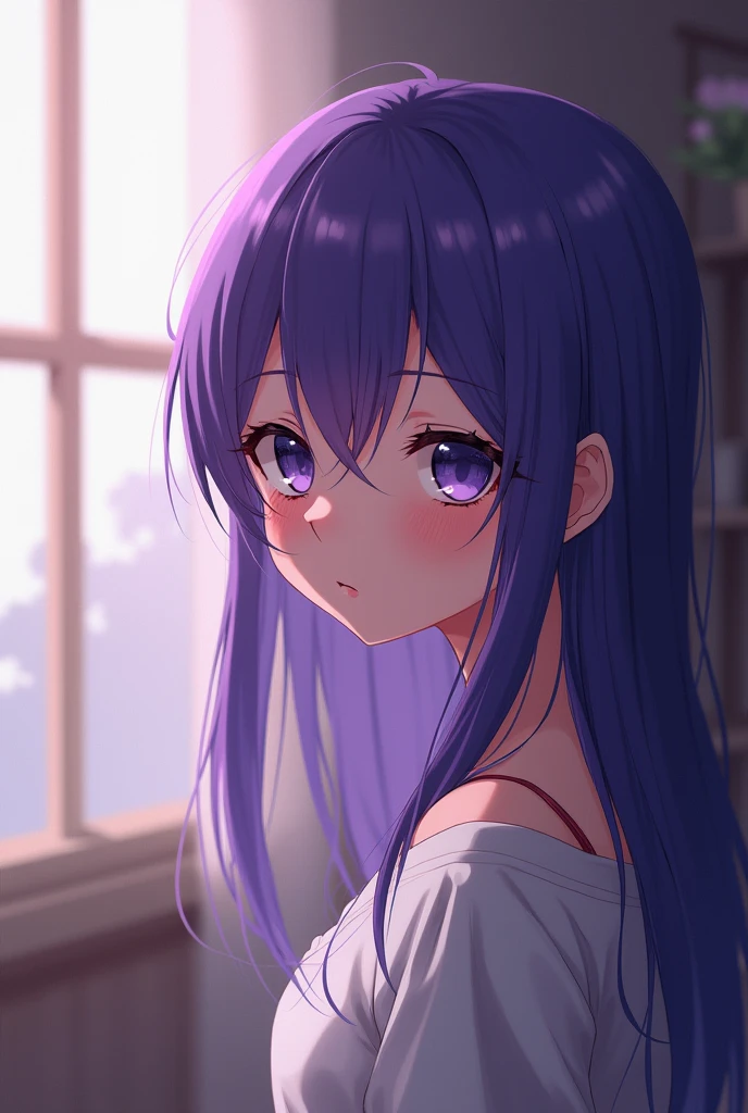 An anime girl with purple hair, wearing a black hoodie. she's in profile, with the face slightly turned to the side, displaying a gentle and mysterious expression. The girl is in a room, with soft lighting that highlights her bright purple eyes. Art must have detailed and clean lines, similar to the anime drawing style *Gotoubun no Hanayome* (The Quintessential Quintuplets), with a soft and expressive touch in the eyes and hair.