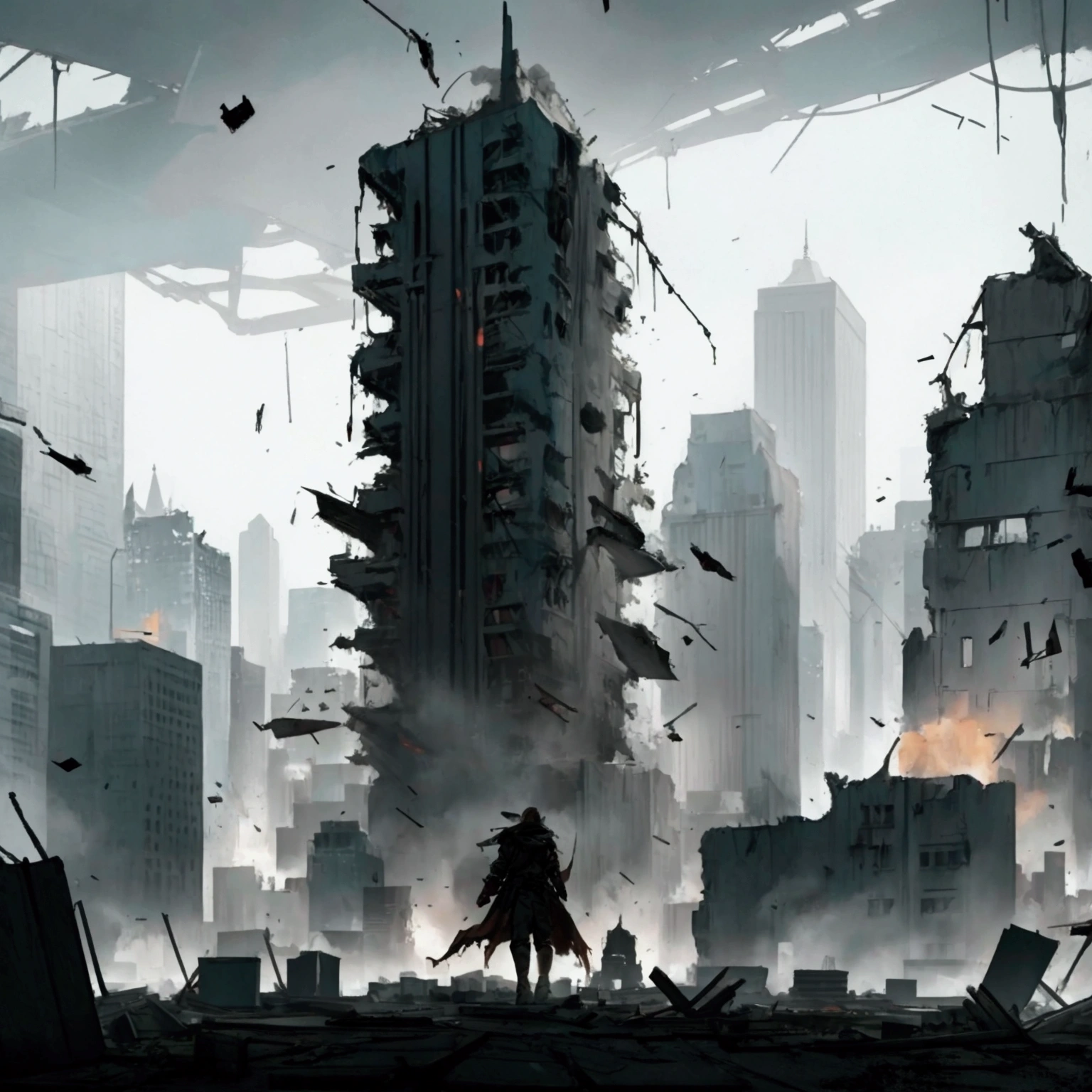 The screen fades in from black, revealing a desolate New York City after a fierce battle. As the camera moves across the scene, the destruction becomes apparent, with the iconic Avengers Tower lying in ruins. This detailed painting captures the chaos and devastation in vivid detail, showcasing crumbling buildings, scattered debris, and a sense of despair hanging in the air. The high-quality image immerses viewers in a post-apocalyptic world, where once-mighty heroes have fallen.