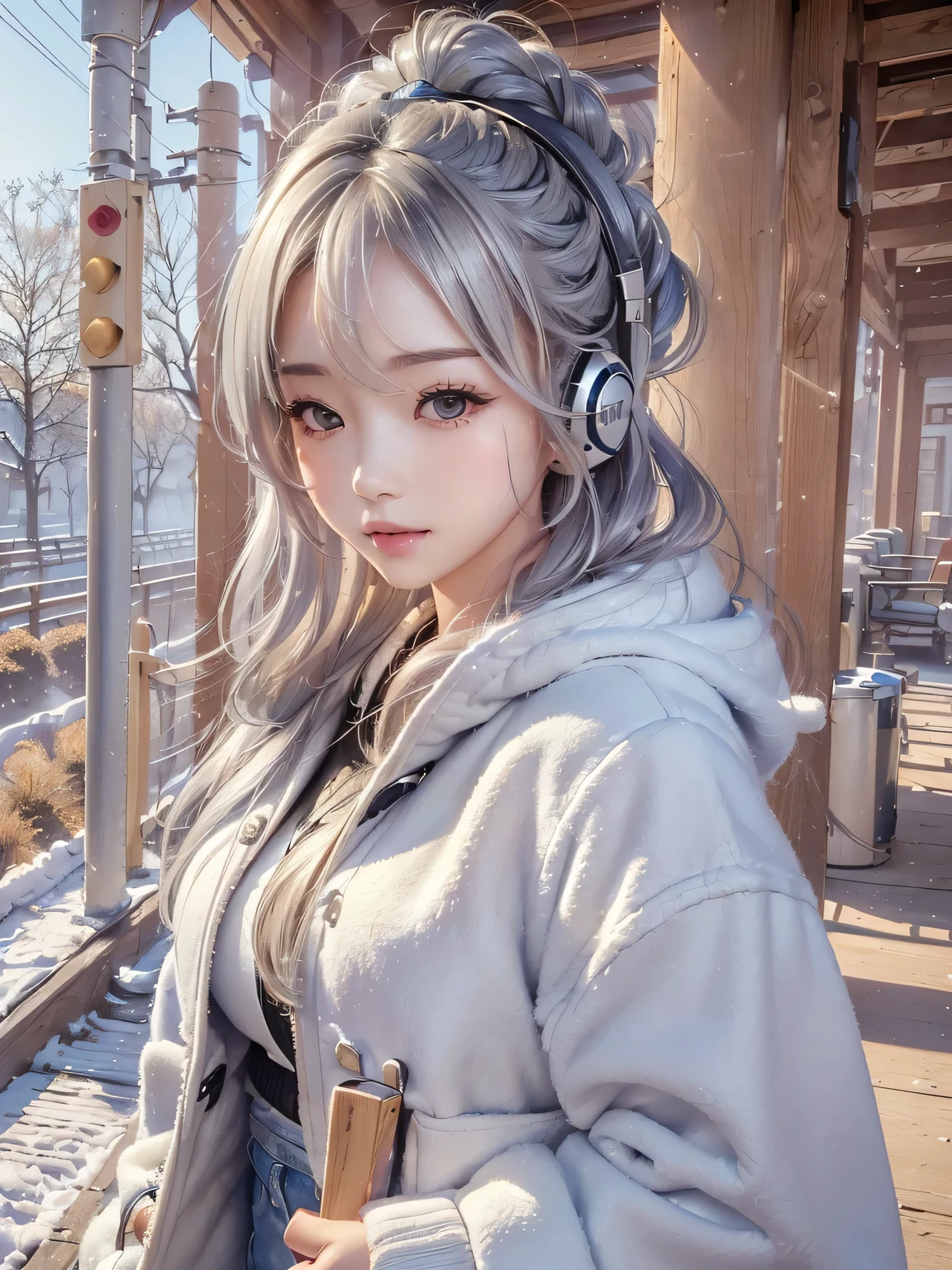 ((cute girl, face, style of painting)).(Upper body portrait:1.5)((masterpiece:1.5))((alone、Huge headphones:1.5、A woman wearing a large duffle coat、Shorts、コートでShortsが隠れる、Put your hands in your pockets、Detailed face、Bright expression、Big beautiful breasts、Best Looks、Ultimate beauty、Shiny silver hair with highlights、明るい and shiny hair,、Modern Hairstyles、Hair dancing in the wind))(morning、Countryside Winter、Abandoned station platform)Please look away from here、Beautiful profile
